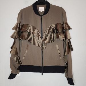 Cinq A Sept‎ Green Leia Silk Ruffle Bomber Jacket Size Large